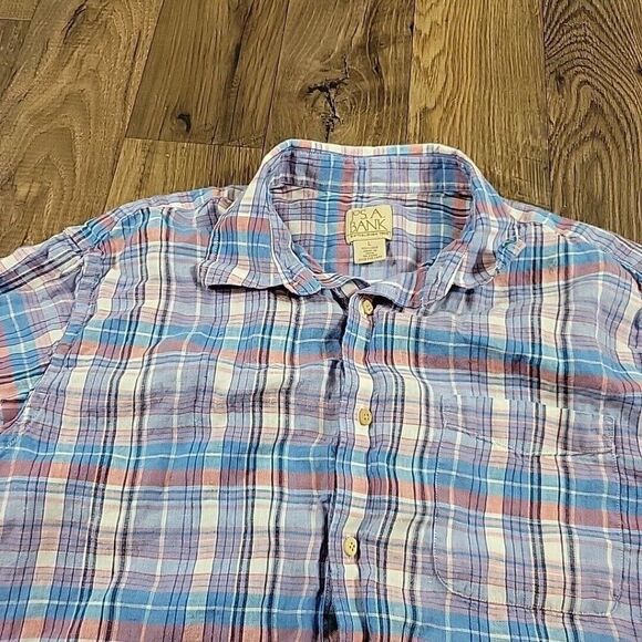 Jos A Bank Shirt Mens Large 100% Linen Plaid Button Up Short Sleeve Colorful - Picture 3 of 7